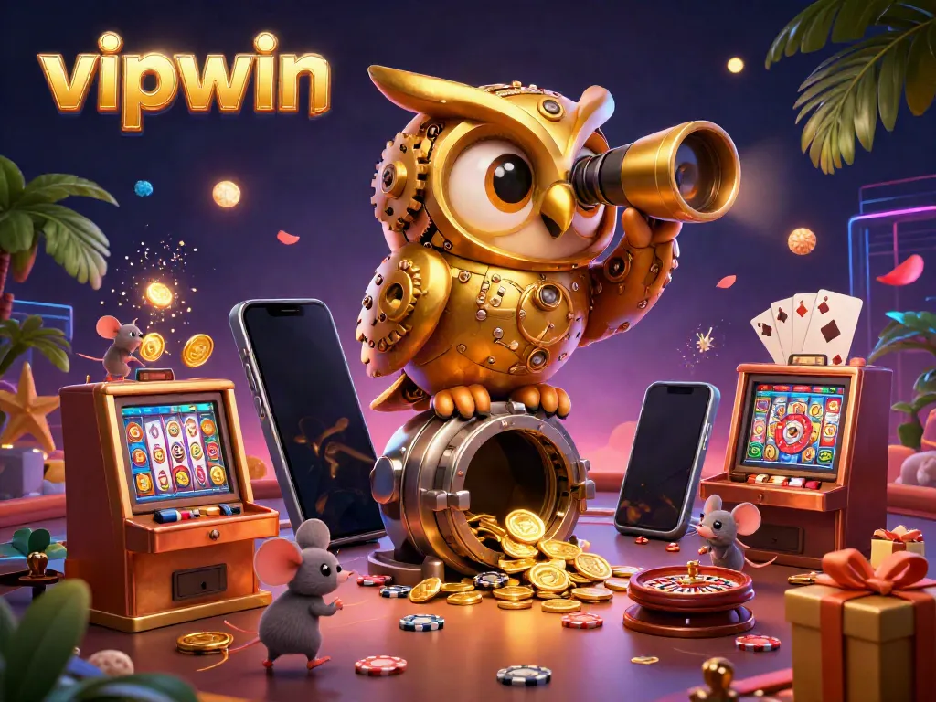 Experience the excitement of vipwin with a golden owl observing a bustling casino floor filled with slots and rewards.