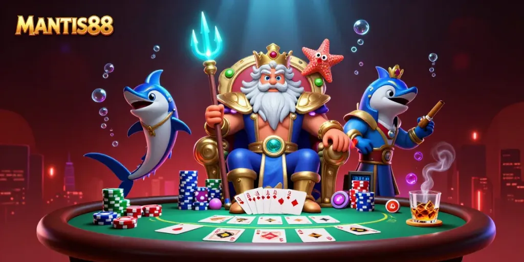 Experience thrilling gameplay with MANTIS88 featuring King Neptune and poker elements in an underwater casino scene.