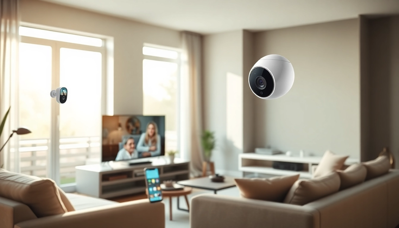 Cámaras Ezviz mejorando la seguridad del hogar en una elegante sala de estar.