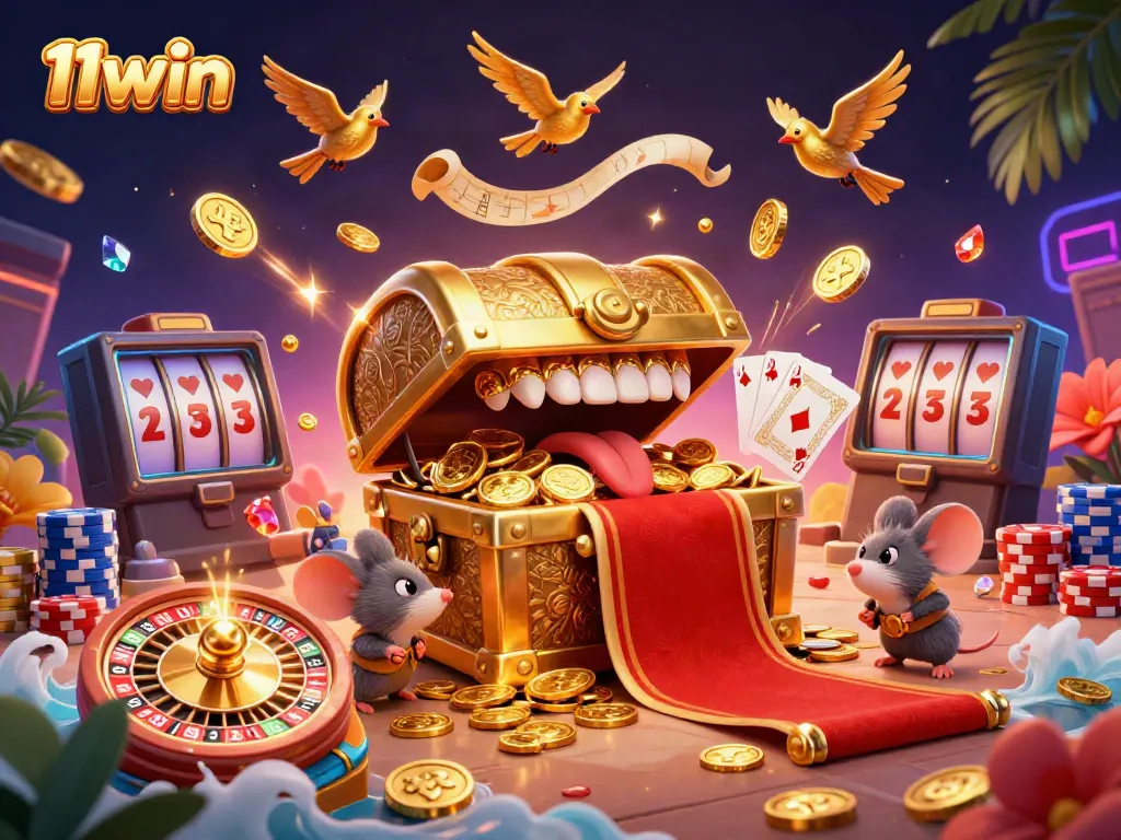 Engage with the exciting 11win treasure chest adventure in this vibrant casino scene.