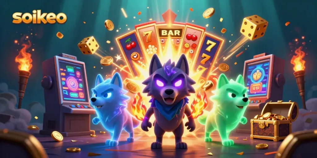 Engage with the slot machine explosion featuring soikeo's vibrant casino game elements and ghostly wolves.