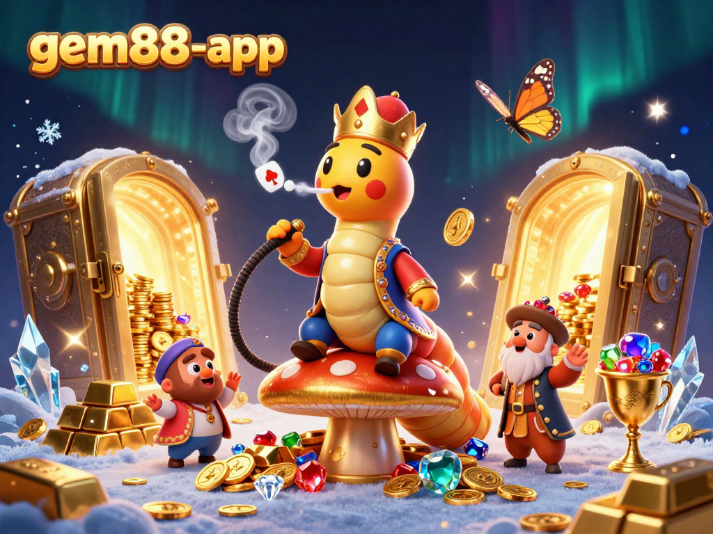 Experience gem88-app's captivating gameplay with a vibrant illustration of casino elements and characters.