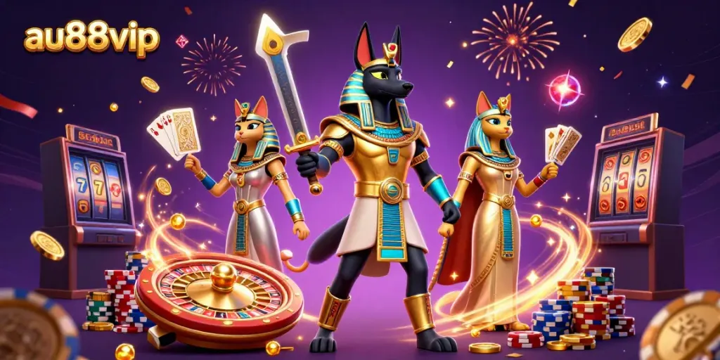 Engage in thrilling casino action at au88vip with 3D characters Anubis and Bastet surrounded by dynamic gaming elements.