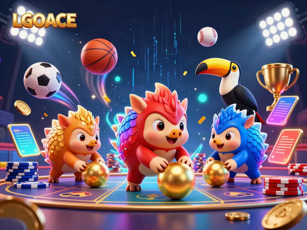 LGOACE pangolins compete in a vibrant 3D casino scene, showcasing exciting gaming action.
