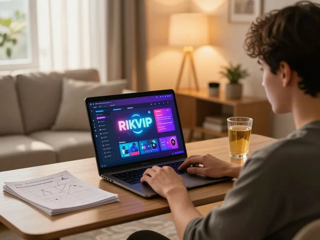Engaged player accessing the RIKVIP online casino interface with strategy notes visible.