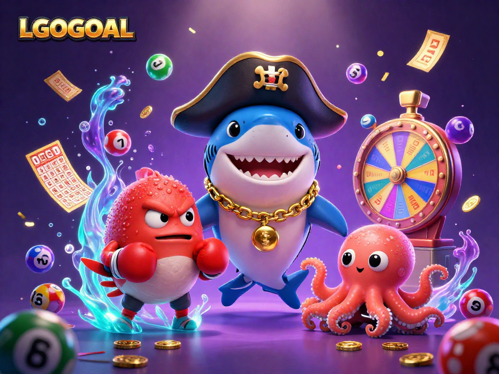 Engage with LGOGOAL's vibrant lottery scene featuring animated characters amidst colorful game elements.