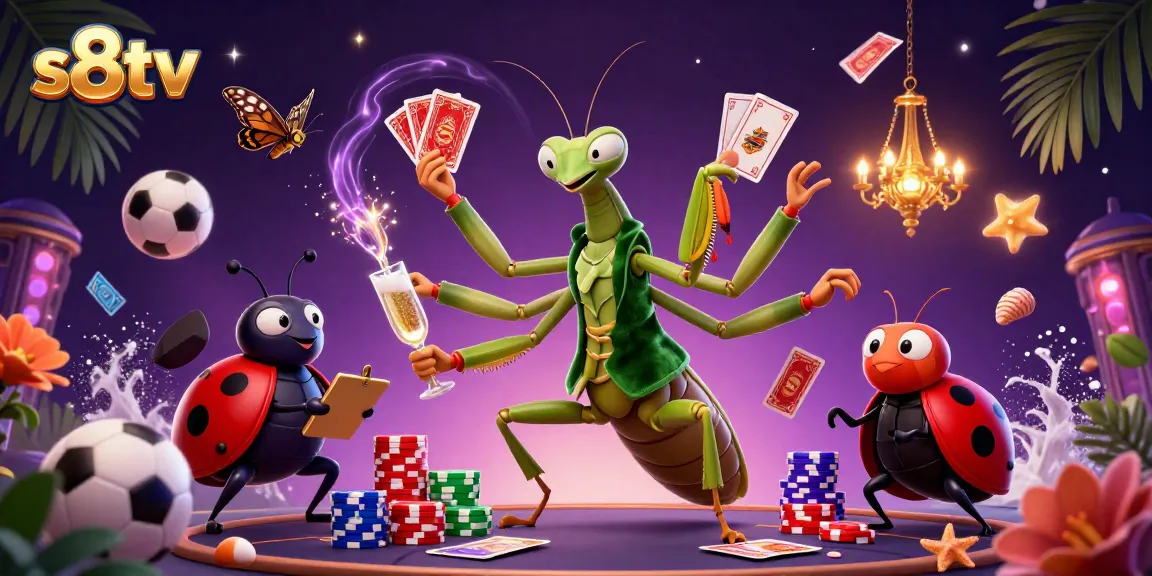 S8TV sports betting scene showcasing a giant mantis card sharp managing bets, exuding excitement.