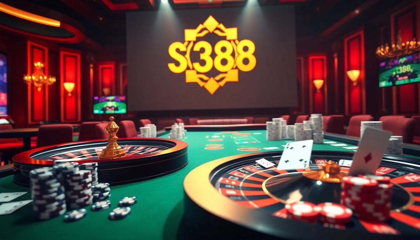 Experience the thrilling atmosphere of SV388 casino with poker chips and roulette wheel