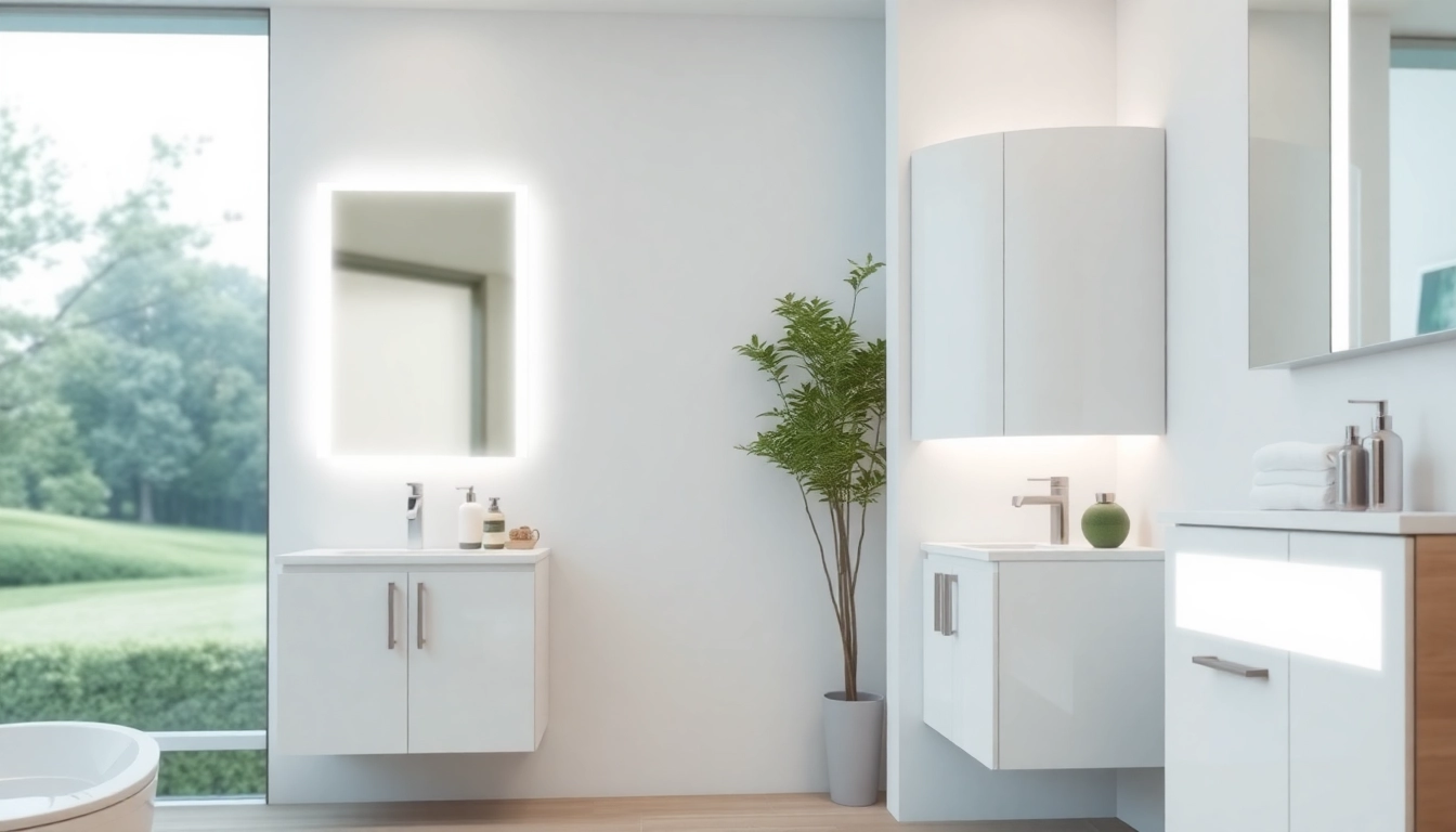 Showcase illuminated bathroom cabinets in a modern setup, highlighting design and lighting.