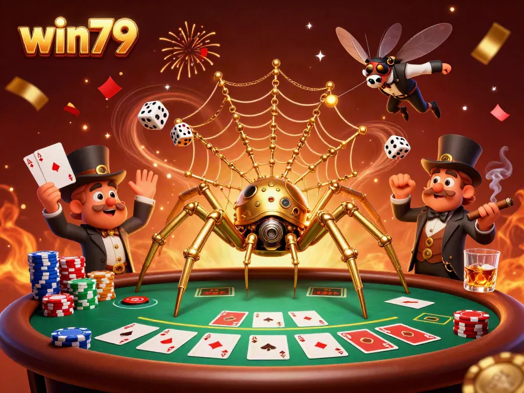 Win79 showcases a steampunk spider entangling dice amid a vibrant casino celebration.
