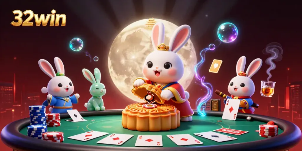 Experience thrilling moments at 32win with a vibrant poker scene featuring a playful moon rabbit.