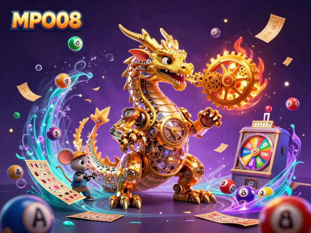 Witness the excitement of MPO08 with a golden dragon, lottery elements, and vibrant casino atmosphere.