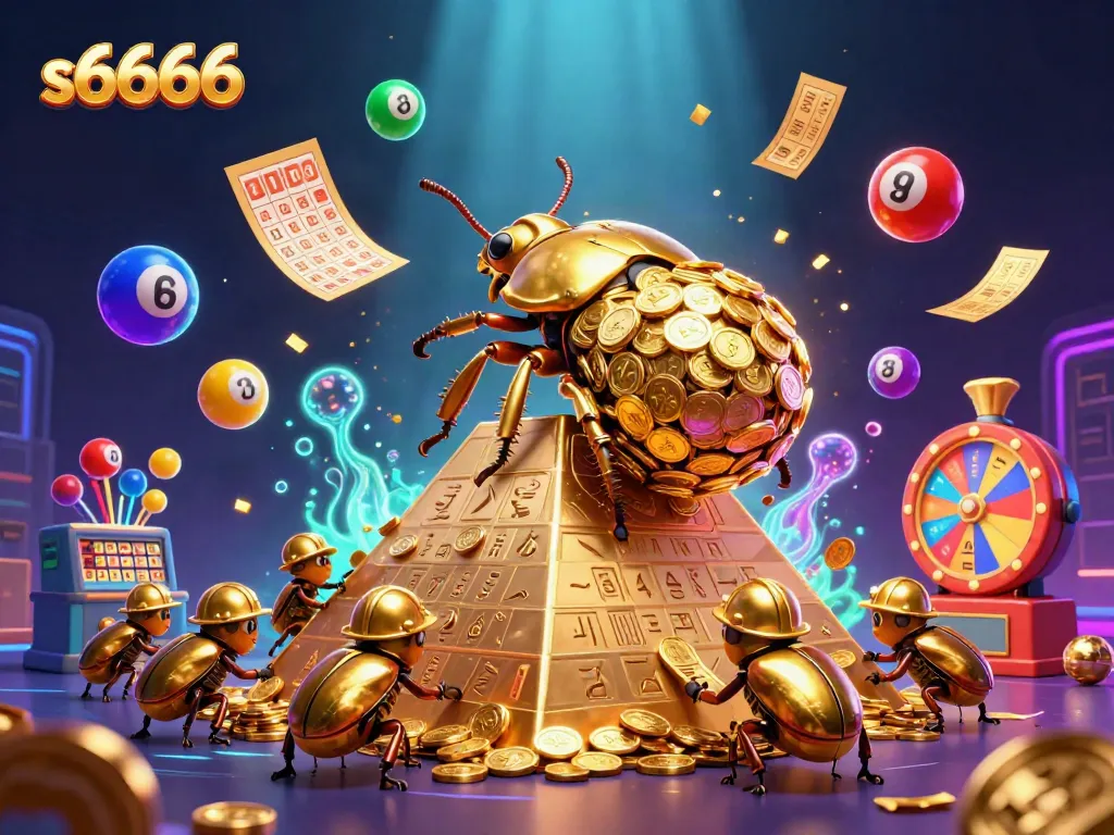 S6666 offers a vibrant casino experience with colorful game elements bouncing around the golden beetles.