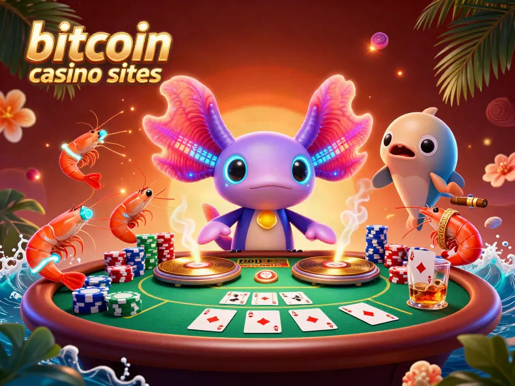 Experience the excitement of bitcoin casino sites with neon characters DJing around poker elements.