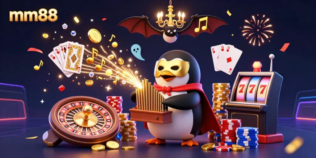 Experience the thrill of mm88 with a vibrant 3D scene featuring a penguin playing a golden pipe organ while coins cascade in a lively casino atmosphere.