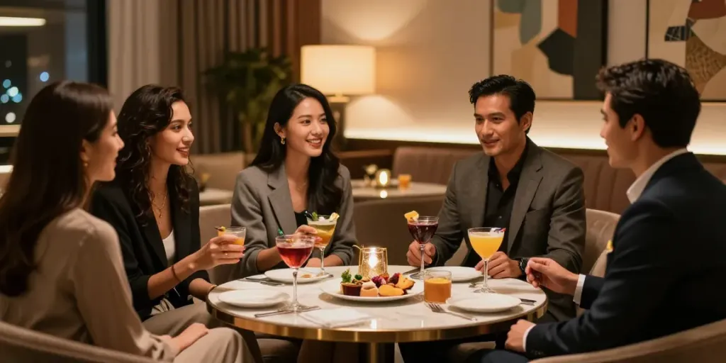 세이렌 쩜오의 고급스러운 라운지에서 친구들이 즐거운 시간을 보내고 있는 모습