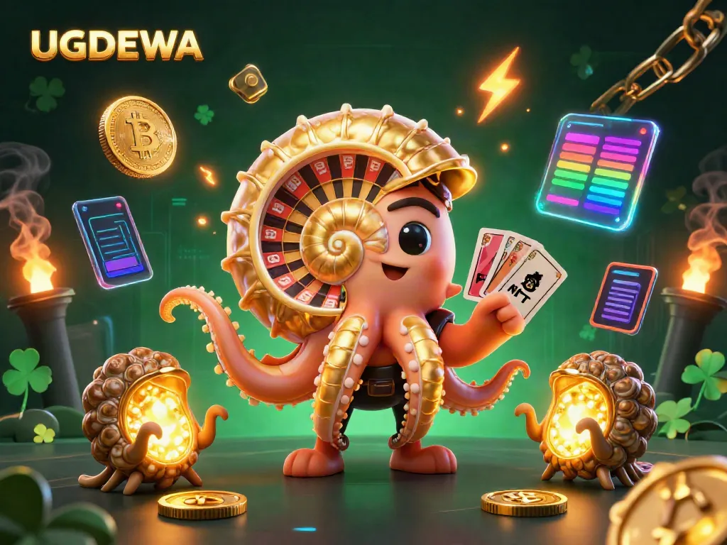 Experience the excitement of UGDEWA casino with a giant nautilus roulette wheel surrounded by vibrant crypto elements.