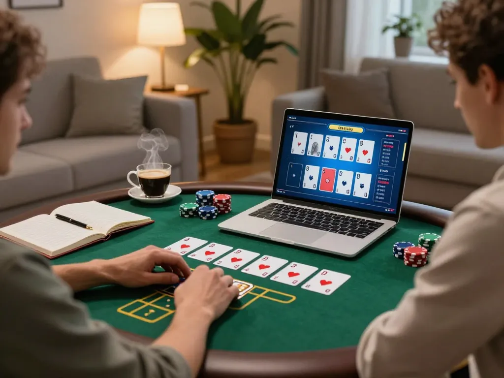 Engaging in strategic online poker at Nhà cái 789win with cozy home setup and warm ambiance