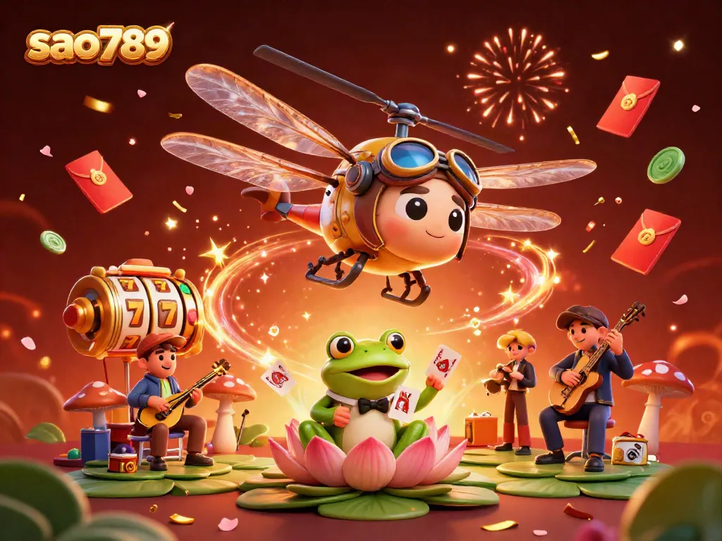 Sao789 showcases a vivid casino scene with a dragonfly pilot and frog croupier amidst dynamic gaming elements.