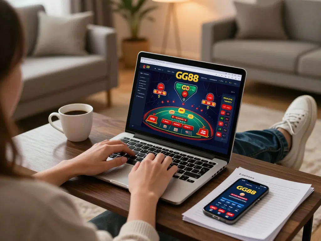 Player engaging with the GG88 casino app on a laptop at home, exemplifying online gaming.