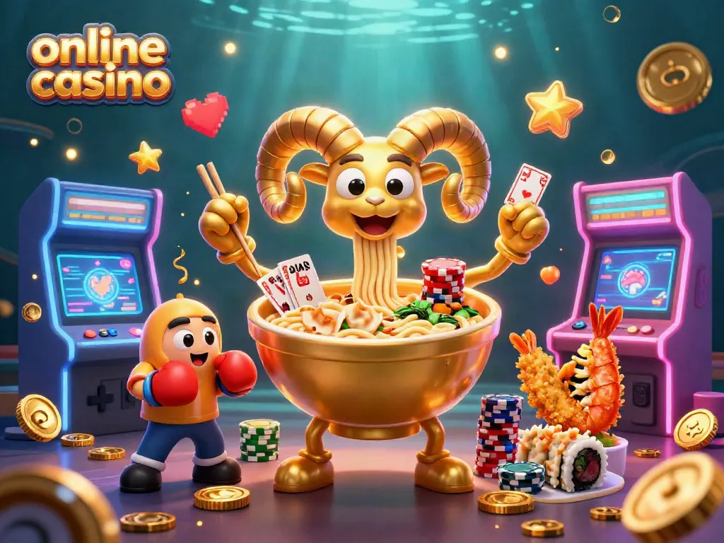 Disfruta en un casino online mientras un enorme tazón de ramen juega cartas y apila fichas.