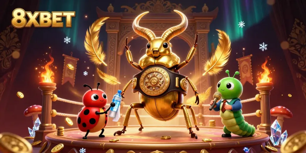 8XBET's vibrant casino scene features a giant golden stag beetle in a boxing match, capturing betting excitement.