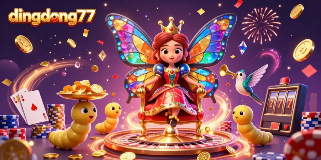 Experience thrilling gameplay on dingdong77 with a vibrant 3D fantasy casino scene featuring characters and dynamic elements.