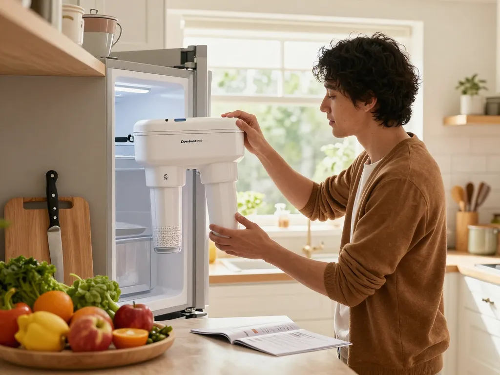 Person installing Overbest OB6013 Replacement for GE® MWF® water filter in a bright kitchen.