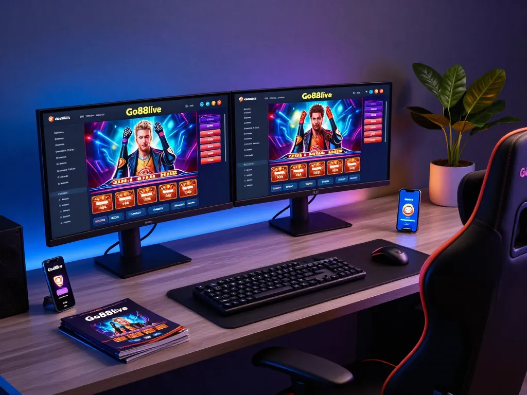 Engaging player using Go88live on dual screens in a stylish gaming setup.