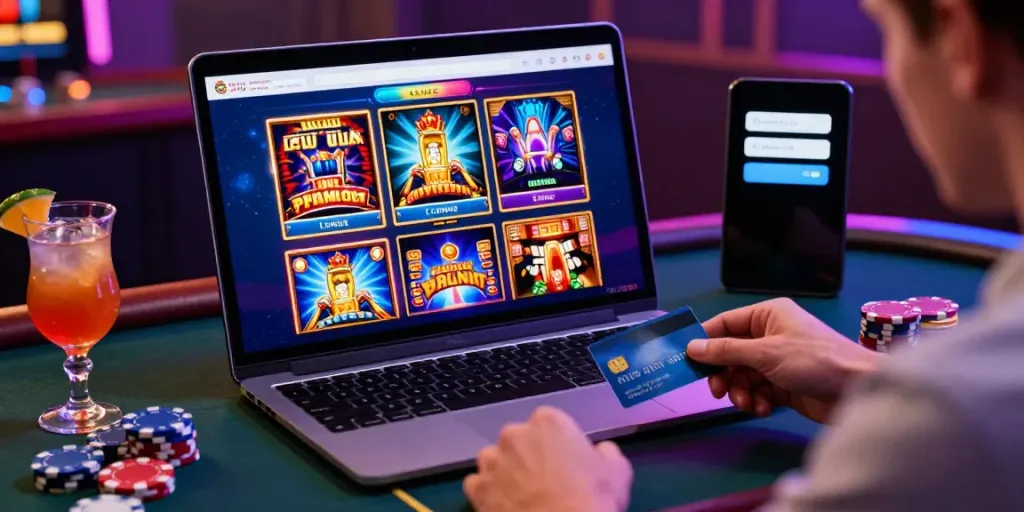 Casinos that accept credit card displayed on a laptop screen with vibrant slot games and a player making a deposit.