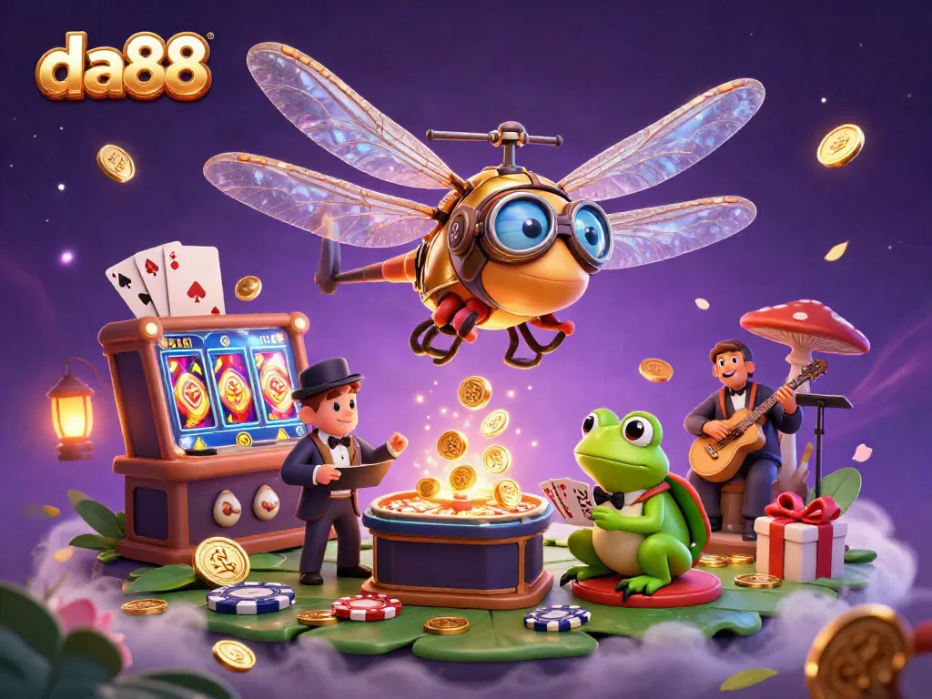 Experience da88's exciting gambling ambiance with a dragonfly pilot, frog croupier, and vibrant slot game elements.