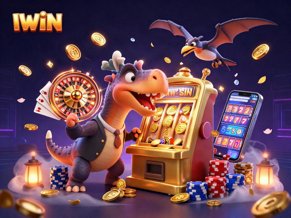 IWIN slot machine jackpot scene with cartoon dinosaurs in a vibrant casino atmosphere