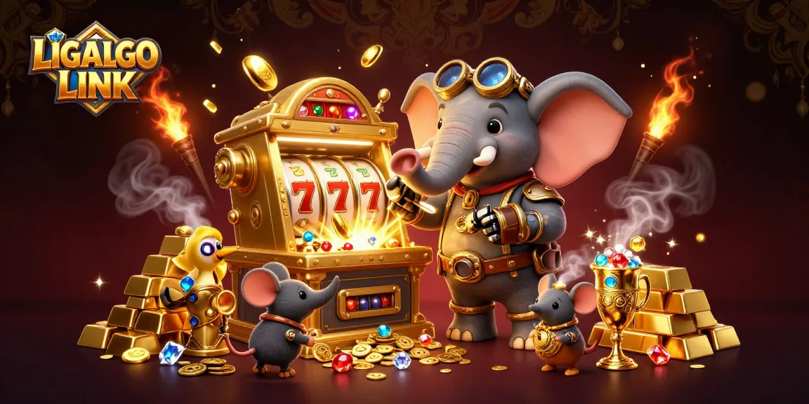 Experience thrilling gameplay with LIGALGO LINK as the steampunk elephant operates a golden slot machine, surrounded by treasures.