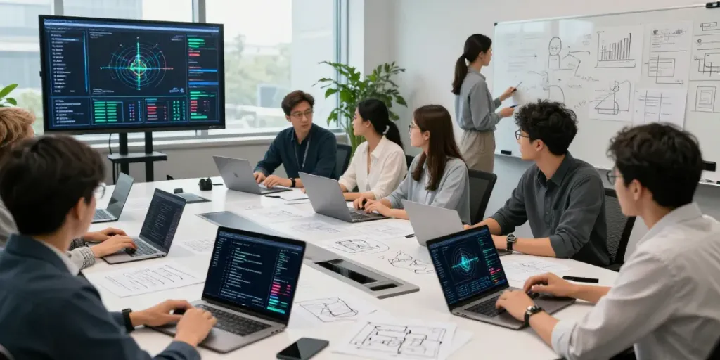 Enterprise AI team collaborating in a modern workspace with data visualizations.