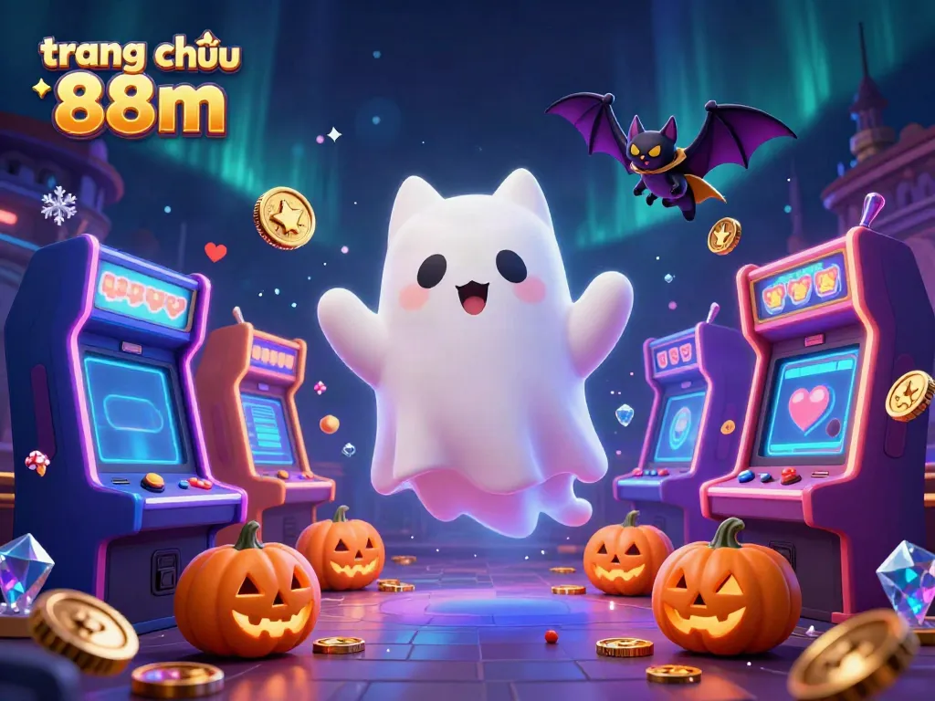 Engaging image of trang chủ 88m showcasing a friendly ghost cat and vampire bat in a haunted casino.