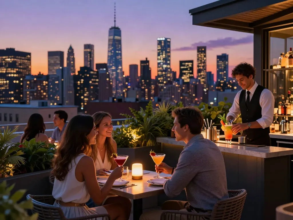 A couple enjoying cocktails at NoHu rooftop restaurant with NYC skyline views during twilight.