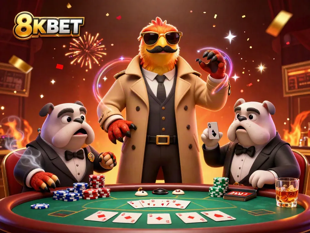 Experience poker thrills with 8KBET's vibrant casino scene featuring clever raptors and a bulldog bouncer.