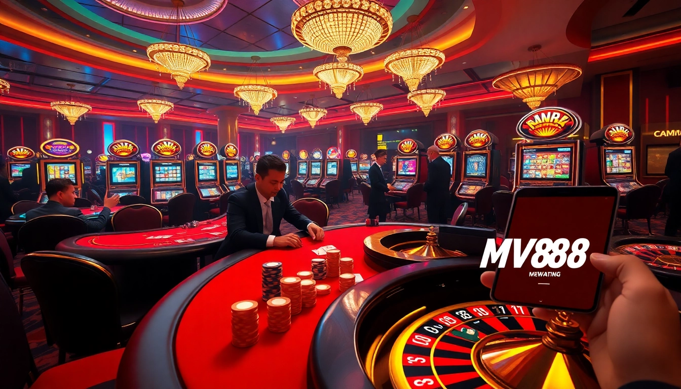 Action-packed gambling scene showcasing MV88 platform on a mobile device at a vibrant casino.