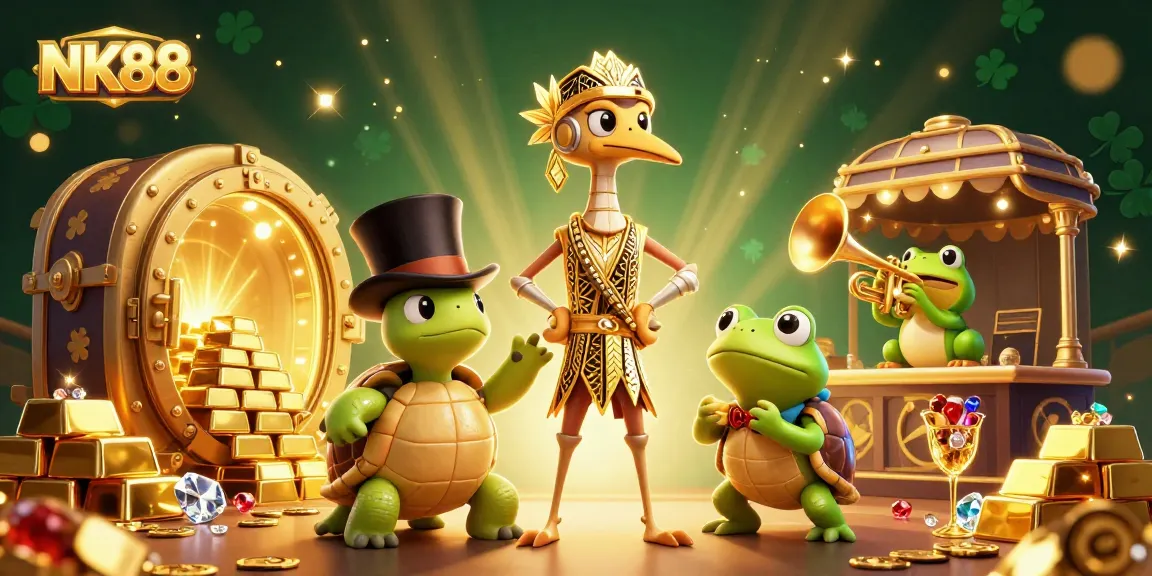 Experience the thrill at NK88's vibrant casino scene with gleaming treasures and engaging characters.