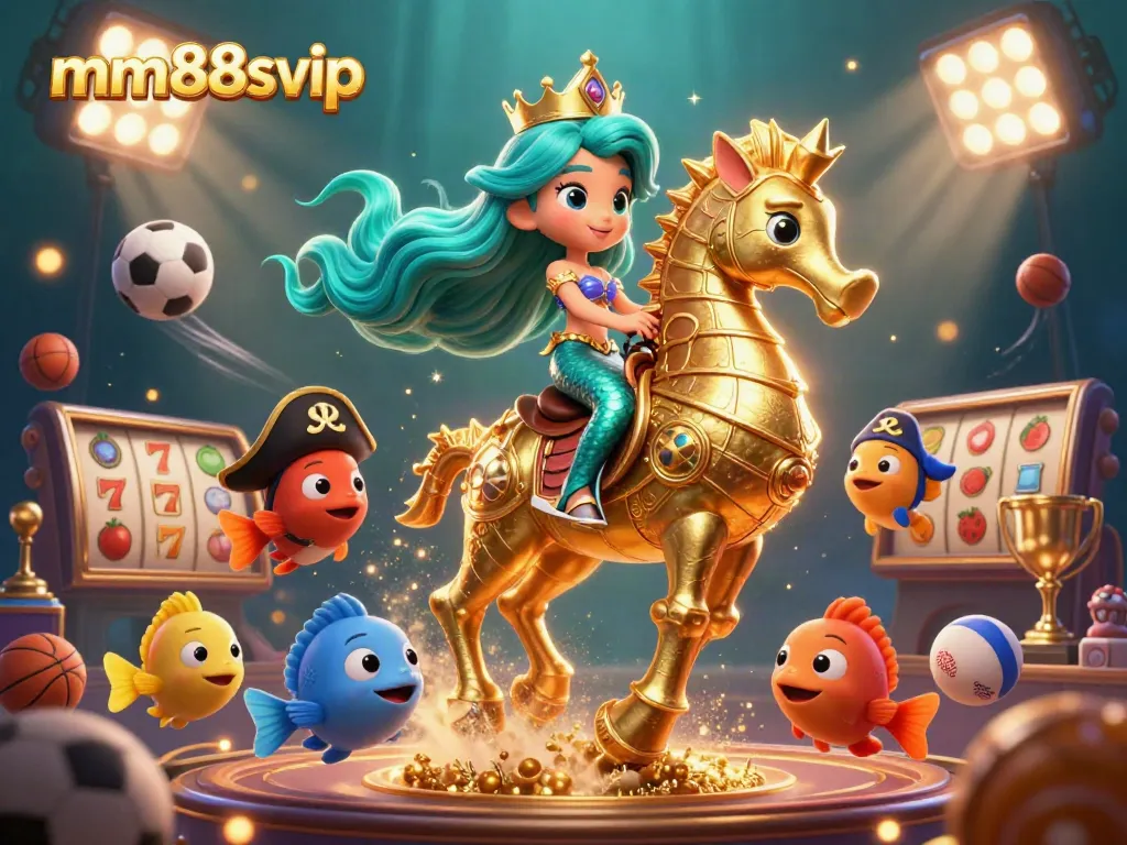 Immerse in mm88svip's exciting world with a mermaid princess, seahorse, and vibrant casino elements.