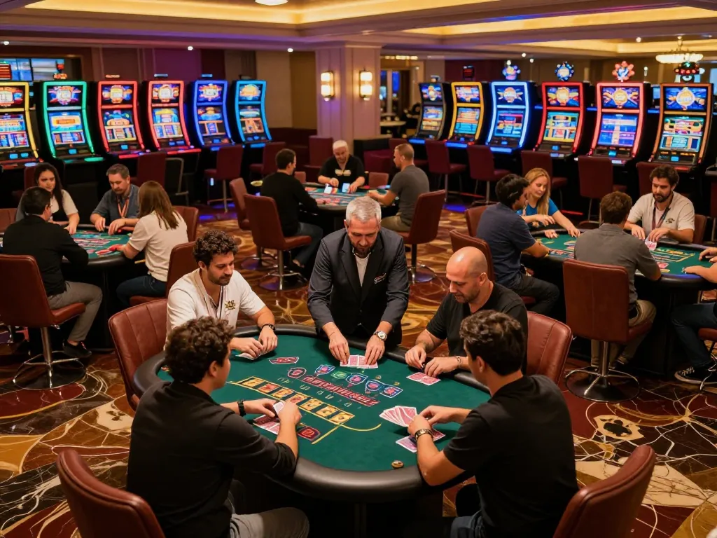 Players engaged in high-stakes gameplay at SC88 casino tables, with dynamic action and warmth of the casino atmosphere.