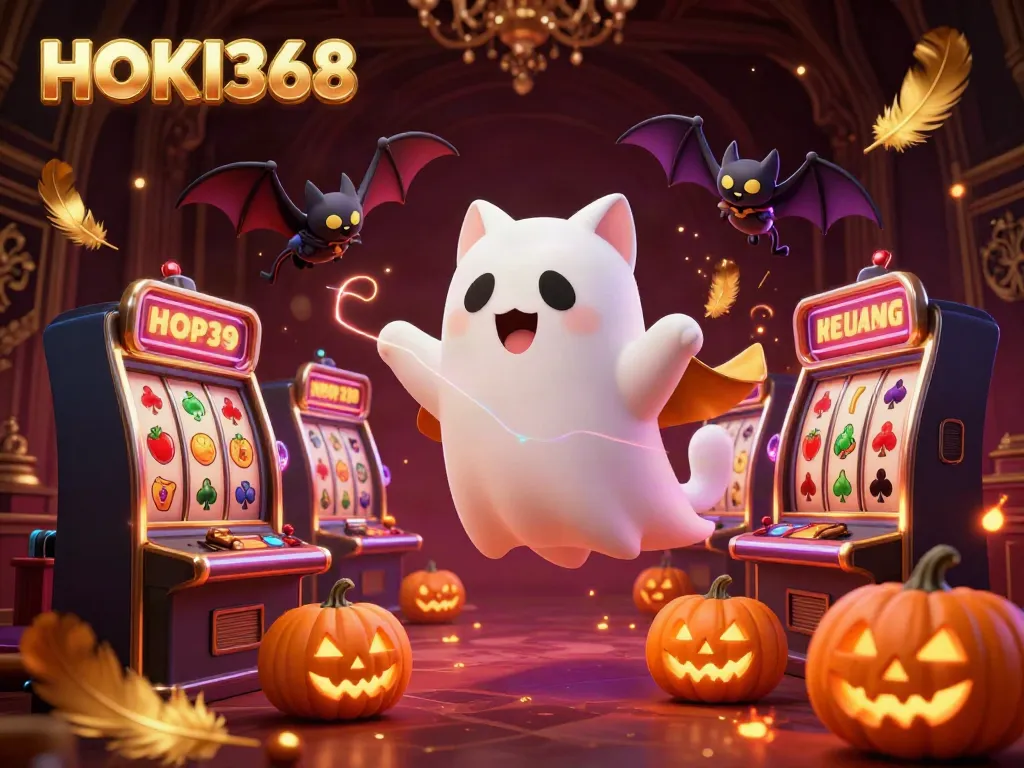 Experience the enchanting HOKI368 world with a ghost cat and bat in a lively casino scene.