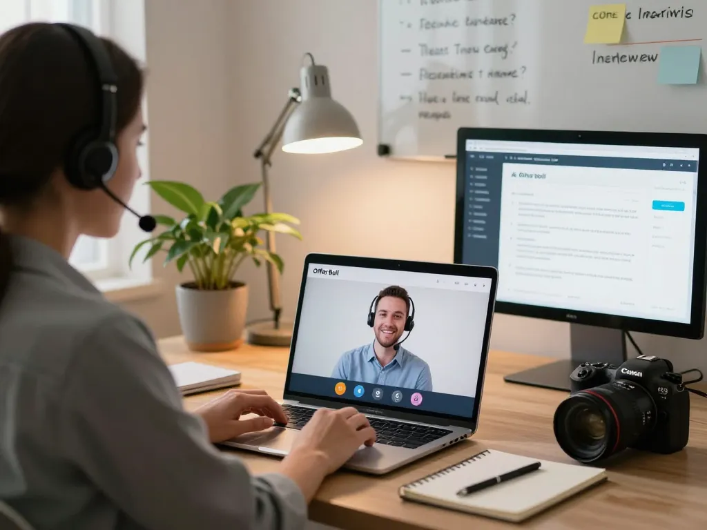 Candidate using ai interview technology in a modern home office, engaging in virtual interview preparation.
