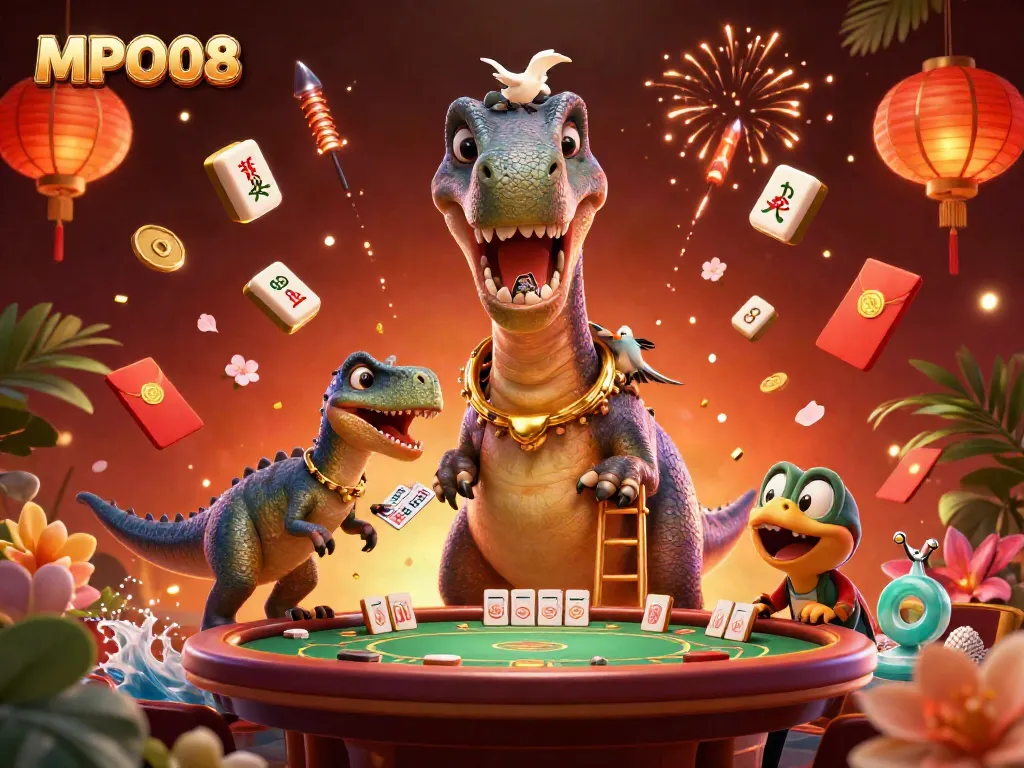 Experience exciting gaming with MPO08 featuring a towering dinosaur and a clever raptor in a vibrant casino scene.
