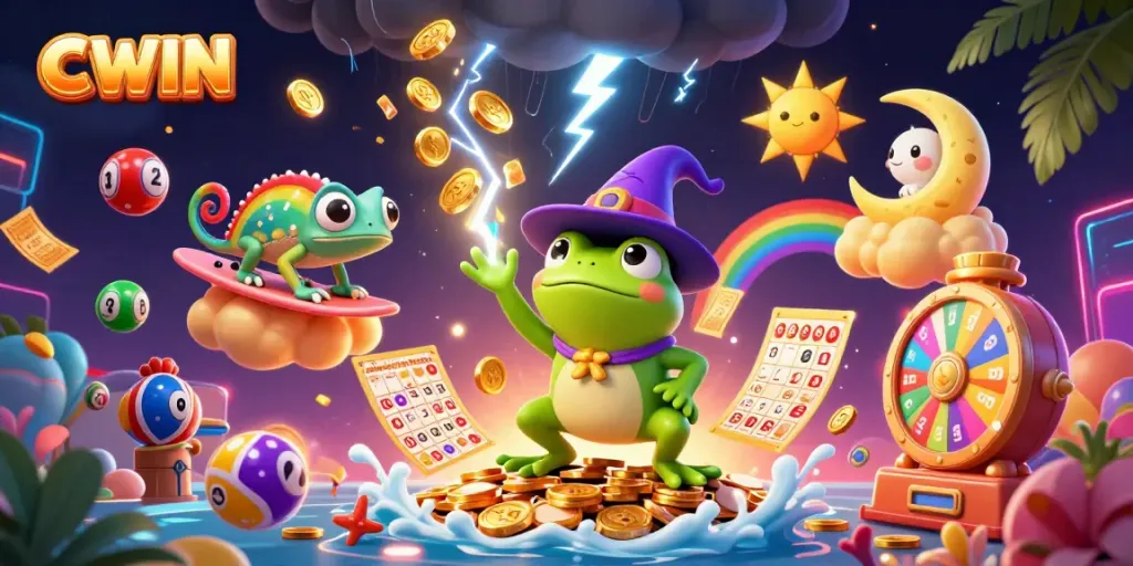 CWIN showcases an electrifying scene of a wizard frog conjuring a storm of golden coins amidst vibrant lottery elements.