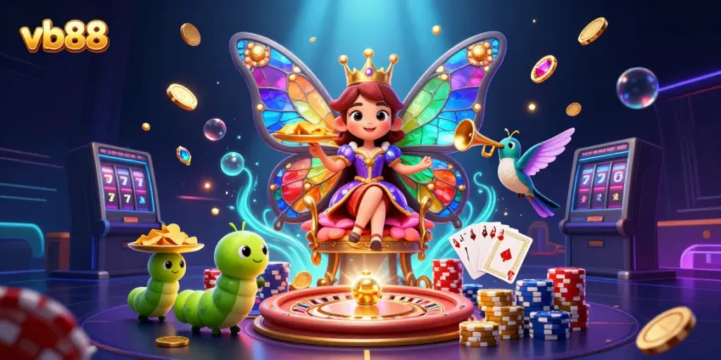 Engage with VB88, a vibrant online casino scene showcasing a butterfly queen, chips, and golden coins.