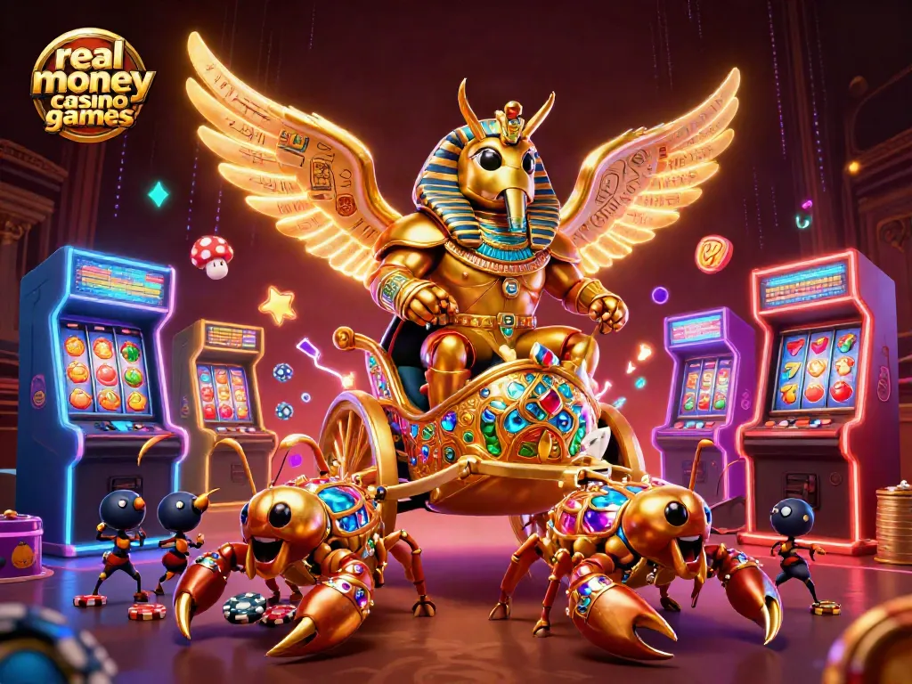 Engage with real money casino games featuring a majestic golden scarab beetle and scorpion chariot.