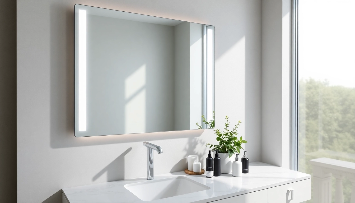 Reflecting light beautifully, this elegant bathroom mirror enhances a luxurious modern bathroom.