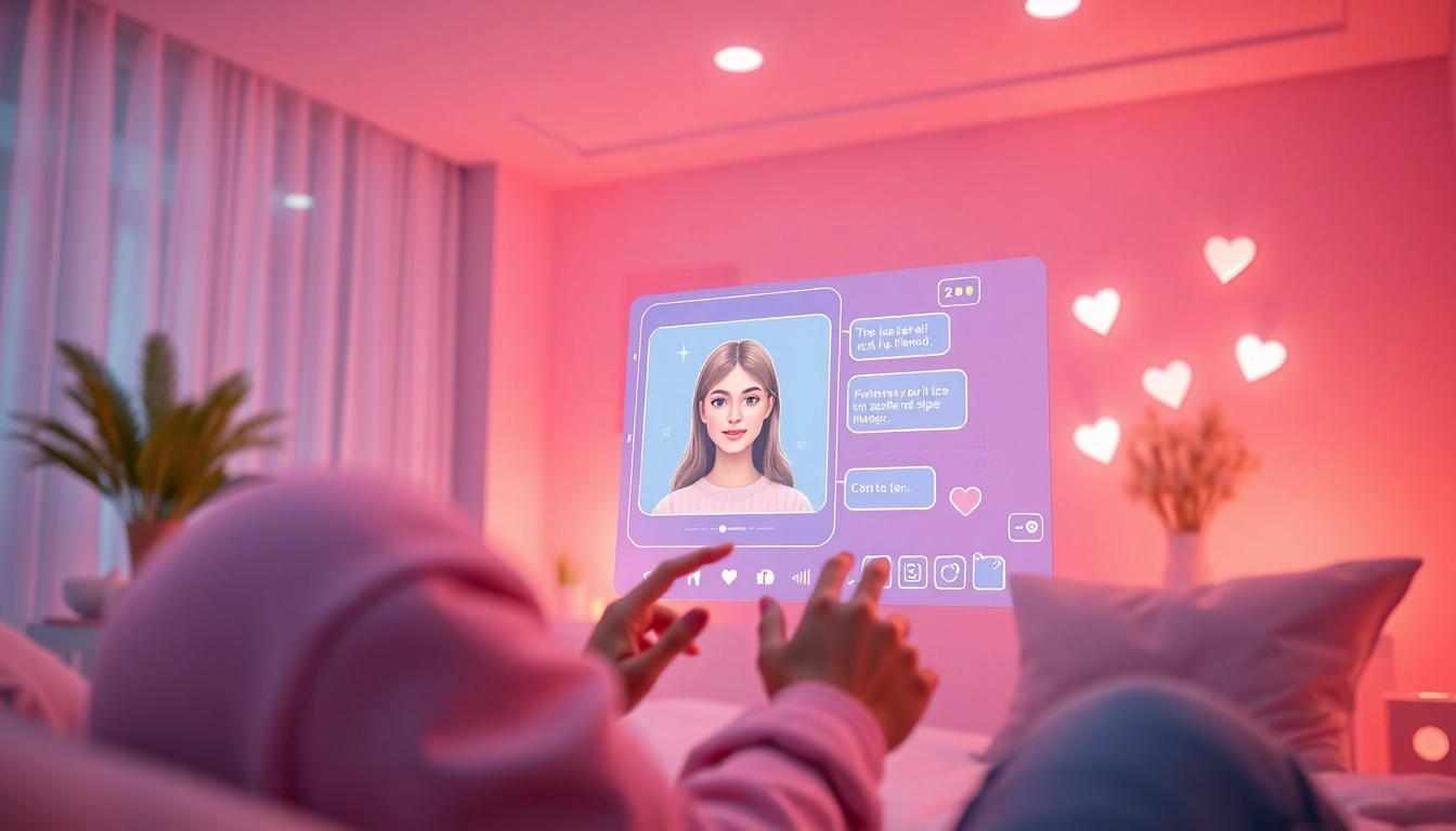 An engaging AI gf interaction scene showcasing a user connecting with their virtual girlfriend in a cozy, modern digital environment.