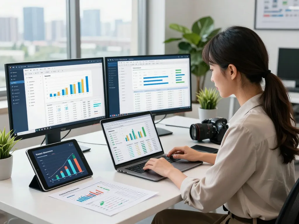 Professionnel de la gestion immobilière utilisant un logiciel immobilier maroc pour l'analyse de données dans un espace de travail moderne.